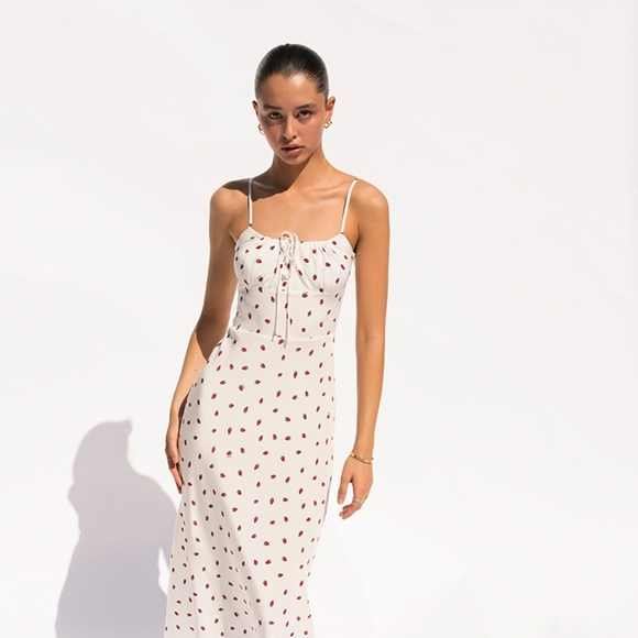 None Dresses & Skirts - Cream Midi Dress with Red Print